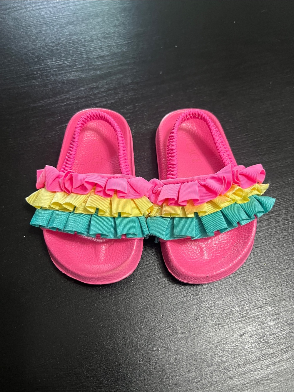 Source Unknown Hot Pink Slide Sandals with Yellow & Teal Ruffles